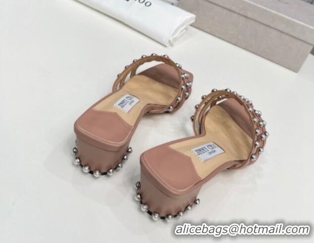 Top Grade Jimmy Choo Leather Heel Slide Sandals 4.5cm with Pearls Nude 915060