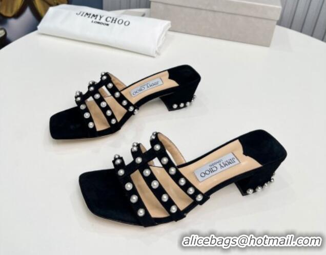 Best Product Jimmy Choo Suede Heel Slide Sandals 4.5cm with Pearls Black 915061