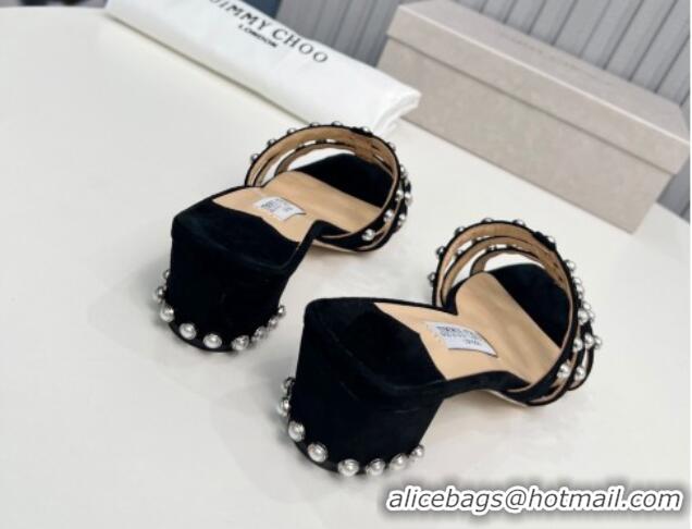 Best Product Jimmy Choo Suede Heel Slide Sandals 4.5cm with Pearls Black 915061