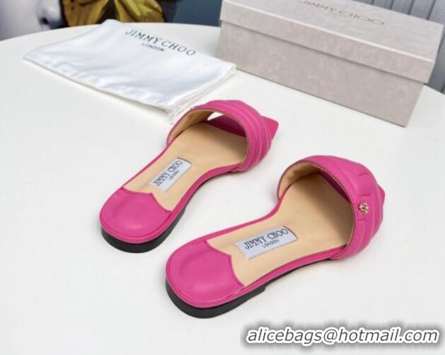 Durable Jimmy Choo Leather Flat Slide Sandals with JC Charm Dark Pink 915062