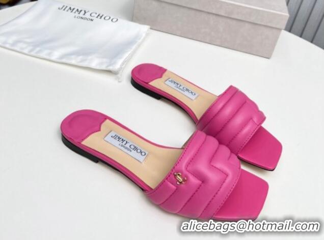 Durable Jimmy Choo Leather Flat Slide Sandals with JC Charm Dark Pink 915062