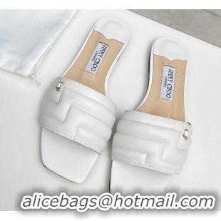 Good Quality Jimmy Choo Leather Flat Slide Sandals with JC Charm White 915063