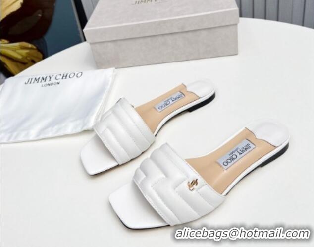 Good Quality Jimmy Choo Leather Flat Slide Sandals with JC Charm White 915063