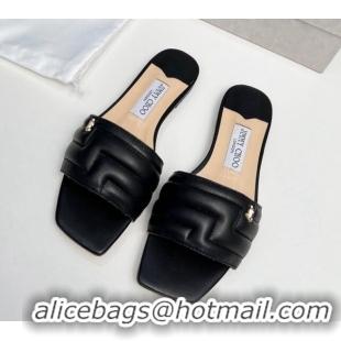 Unique Style Jimmy Choo Leather Flat Slide Sandals with JC Charm Black 915064