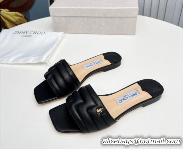 Unique Style Jimmy Choo Leather Flat Slide Sandals with JC Charm Black 915064