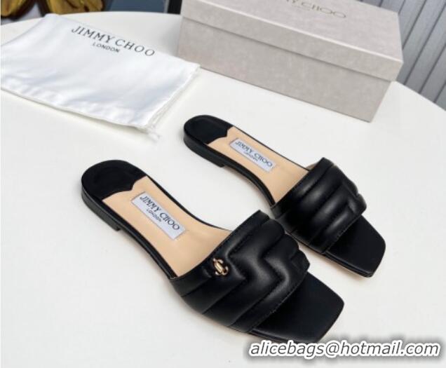 Unique Style Jimmy Choo Leather Flat Slide Sandals with JC Charm Black 915064