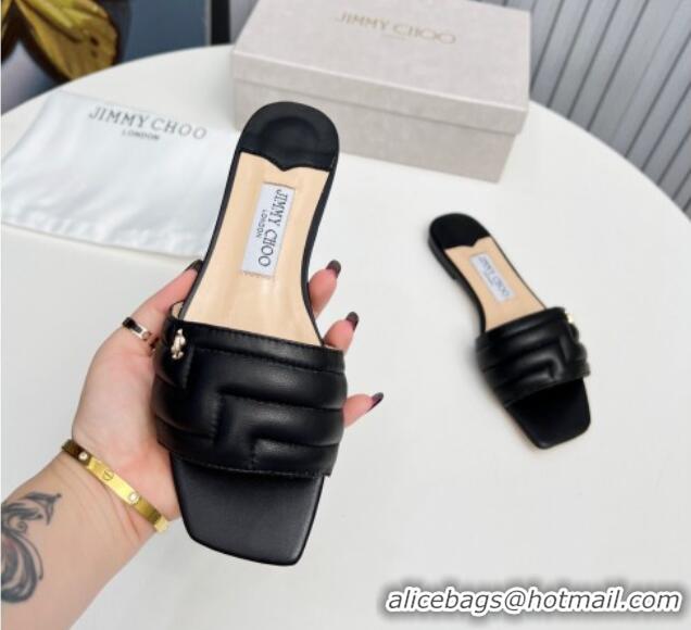 Unique Style Jimmy Choo Leather Flat Slide Sandals with JC Charm Black 915064