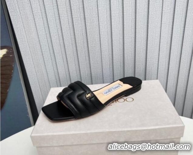 Unique Style Jimmy Choo Leather Flat Slide Sandals with JC Charm Black 915064