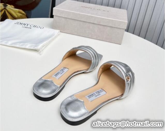 Good Looking Jimmy Choo Leather Flat Slide Sandals with JC Charm Silver 915065