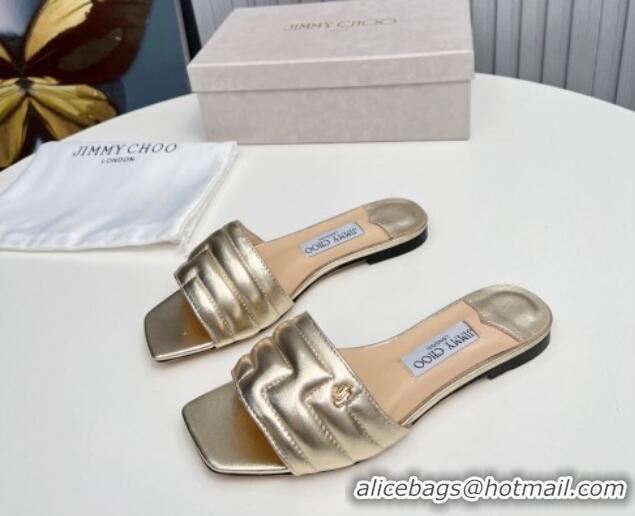 Popular Style Jimmy Choo Leather Flat Slide Sandals with JC Charm Gold 915066