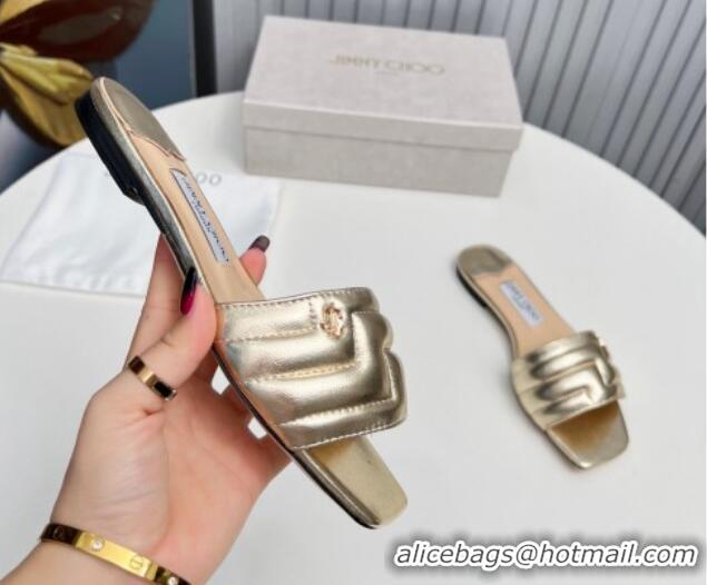 Popular Style Jimmy Choo Leather Flat Slide Sandals with JC Charm Gold 915066