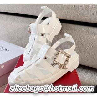 Good Quality Roger Vivier Viv' Rangers Crystal Buckle Sandals in Leather and Nylon White 712028