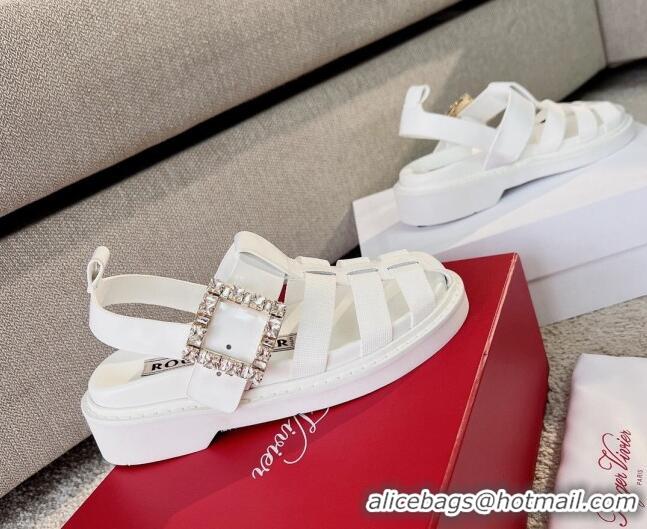 Good Quality Roger Vivier Viv' Rangers Crystal Buckle Sandals in Leather and Nylon White 712028