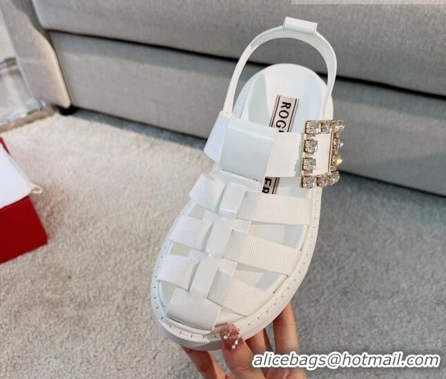 Good Quality Roger Vivier Viv' Rangers Crystal Buckle Sandals in Leather and Nylon White 712028