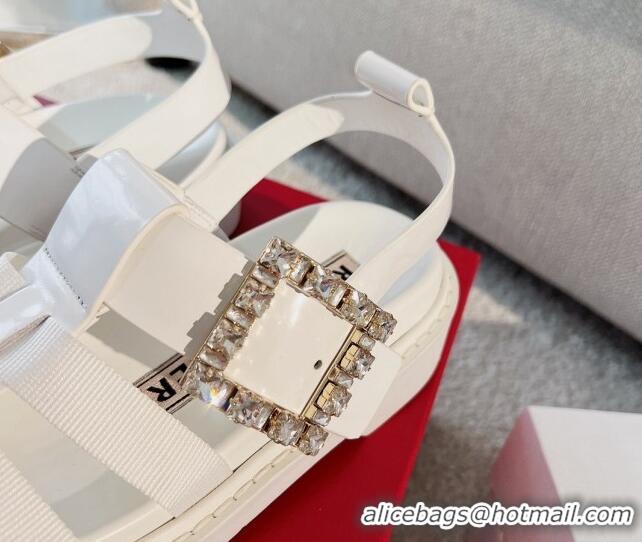 Good Quality Roger Vivier Viv' Rangers Crystal Buckle Sandals in Leather and Nylon White 712028