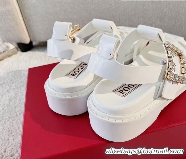 Good Quality Roger Vivier Viv' Rangers Crystal Buckle Sandals in Leather and Nylon White 712028