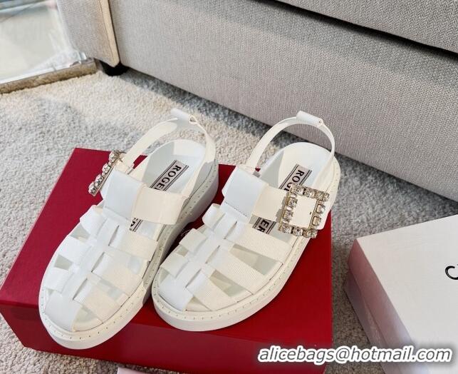 Good Quality Roger Vivier Viv' Rangers Crystal Buckle Sandals in Leather and Nylon White 712028