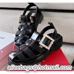 Grade Quality Roger Vivier Viv' Rangers Crystal Buckle Sandals in Leather and Nylon Black 712029