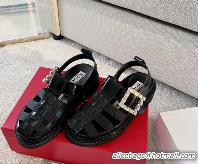 Grade Quality Roger Vivier Viv' Rangers Crystal Buckle Sandals in Leather and Nylon Black 712029