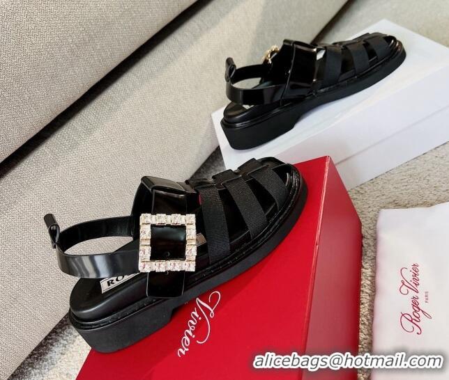 Grade Quality Roger Vivier Viv' Rangers Crystal Buckle Sandals in Leather and Nylon Black 712029