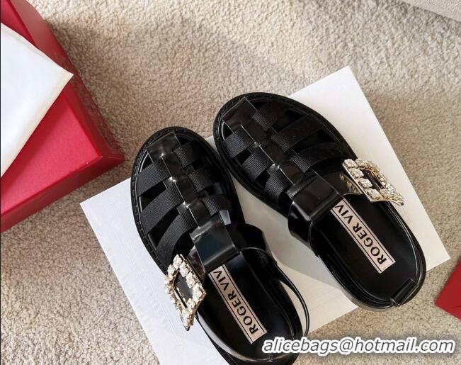 Grade Quality Roger Vivier Viv' Rangers Crystal Buckle Sandals in Leather and Nylon Black 712029