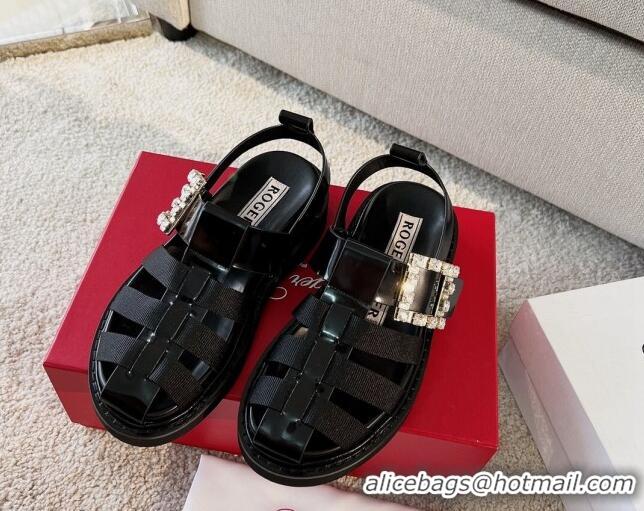 Grade Quality Roger Vivier Viv' Rangers Crystal Buckle Sandals in Leather and Nylon Black 712029