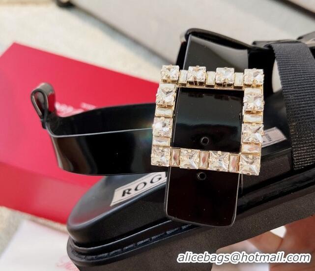 Grade Quality Roger Vivier Viv' Rangers Crystal Buckle Sandals in Leather and Nylon Black 712029