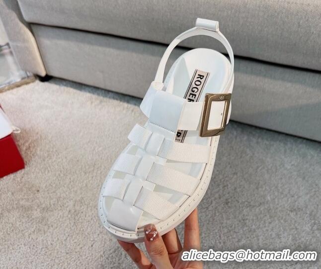 Low Cost Roger Vivier Viv' Rangers Metal Buckle Sandals in Leather and Nylon White 712030