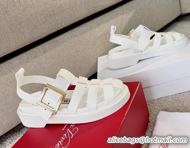 Low Cost Roger Vivier Viv' Rangers Metal Buckle Sandals in Leather and Nylon White 712030