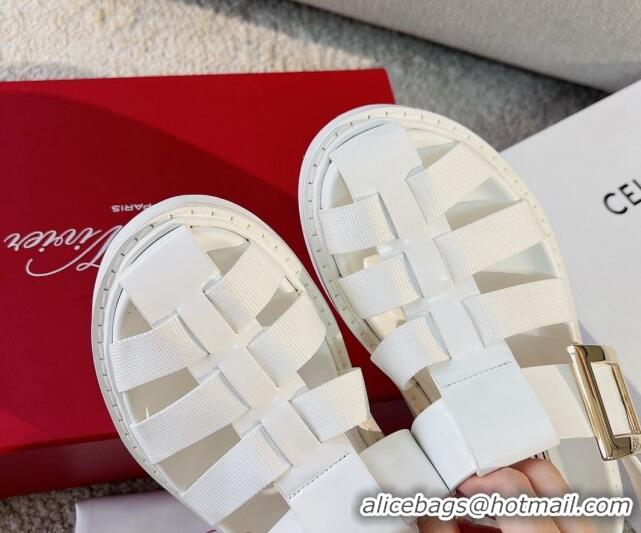 Low Cost Roger Vivier Viv' Rangers Metal Buckle Sandals in Leather and Nylon White 712030