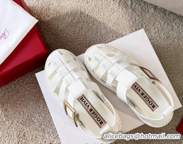 Low Cost Roger Vivier Viv' Rangers Metal Buckle Sandals in Leather and Nylon White 712030