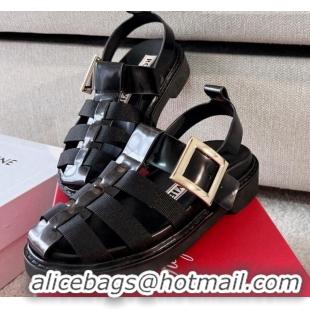 Pretty Style Roger Vivier Viv' Rangers Metal Buckle Sandals in Leather and Nylon Black 712031