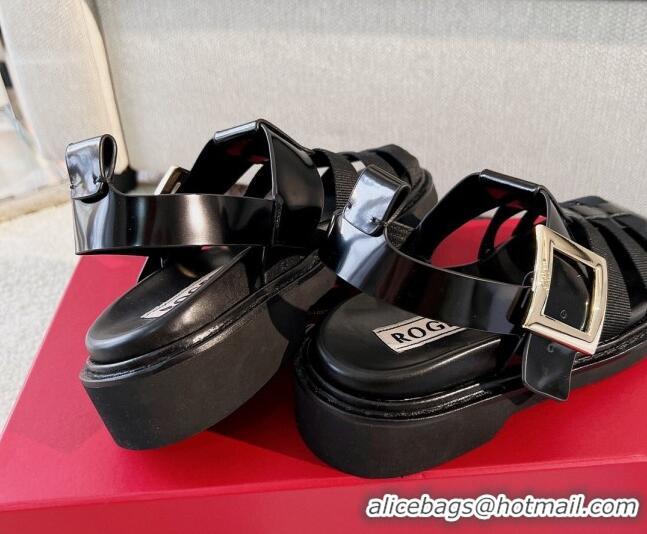 Pretty Style Roger Vivier Viv' Rangers Metal Buckle Sandals in Leather and Nylon Black 712031