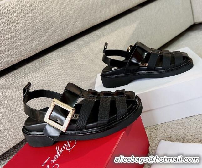 Pretty Style Roger Vivier Viv' Rangers Metal Buckle Sandals in Leather and Nylon Black 712031