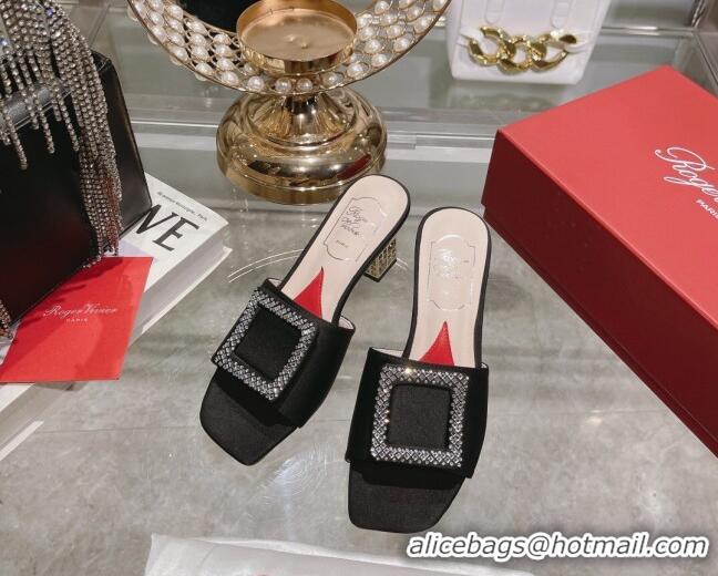 Low Price Roger Vivier Cube Strass Buckle Heel Slide Sandals 4.5cm in Satin Black 718020