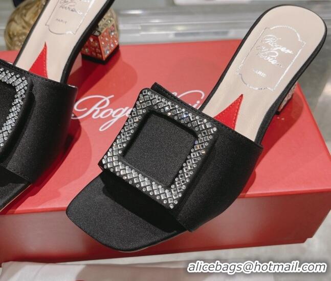 Low Price Roger Vivier Cube Strass Buckle Heel Slide Sandals 4.5cm in Satin Black 718020