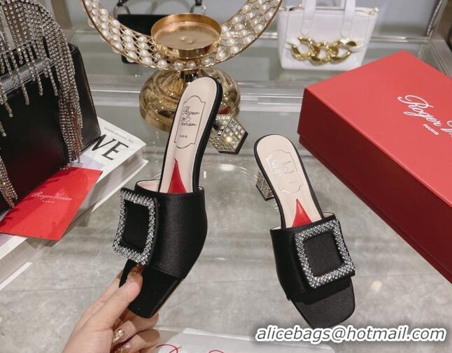 Low Price Roger Vivier Cube Strass Buckle Heel Slide Sandals 4.5cm in Satin Black 718020