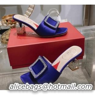 Most Popular Roger Vivier Cube Strass Buckle Heel Slide Sandals 4.5cm in Satin Blue 718021