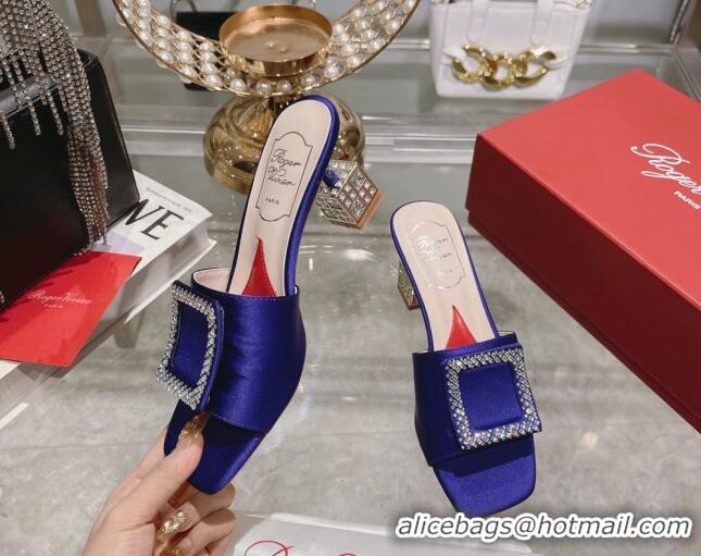 Most Popular Roger Vivier Cube Strass Buckle Heel Slide Sandals 4.5cm in Satin Blue 718021