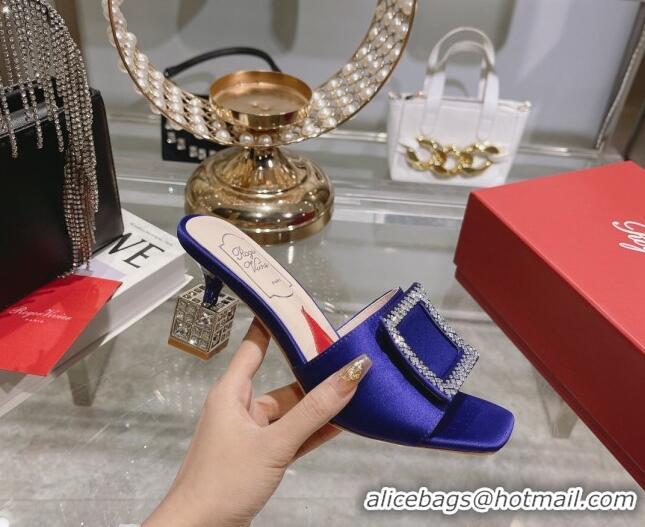 Most Popular Roger Vivier Cube Strass Buckle Heel Slide Sandals 4.5cm in Satin Blue 718021