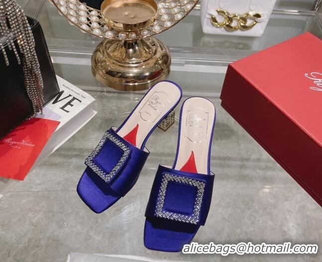 Most Popular Roger Vivier Cube Strass Buckle Heel Slide Sandals 4.5cm in Satin Blue 718021