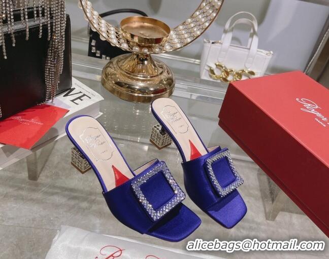 Most Popular Roger Vivier Cube Strass Buckle Heel Slide Sandals 4.5cm in Satin Blue 718021