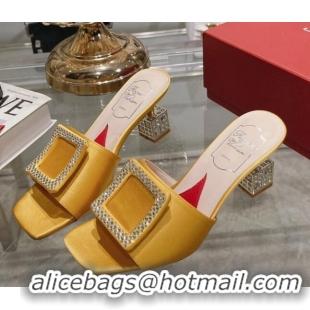 Luxurious Roger Vivier Cube Strass Buckle Heel Slide Sandals 4.5cm in Satin Yellow 718022