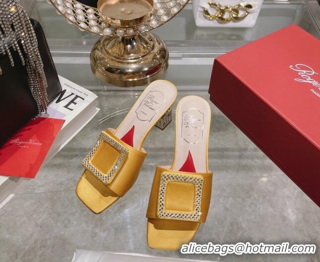 Luxurious Roger Vivier Cube Strass Buckle Heel Slide Sandals 4.5cm in Satin Yellow 718022