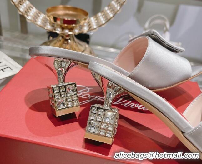 Good Looking Roger Vivier Cube Strass Buckle Heel Slide Sandals 4.5cm in Satin Light Grey 718023