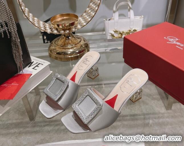 Good Looking Roger Vivier Cube Strass Buckle Heel Slide Sandals 4.5cm in Satin Light Grey 718023