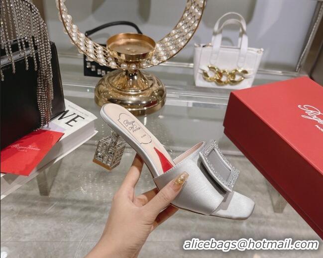 Good Looking Roger Vivier Cube Strass Buckle Heel Slide Sandals 4.5cm in Satin Light Grey 718023