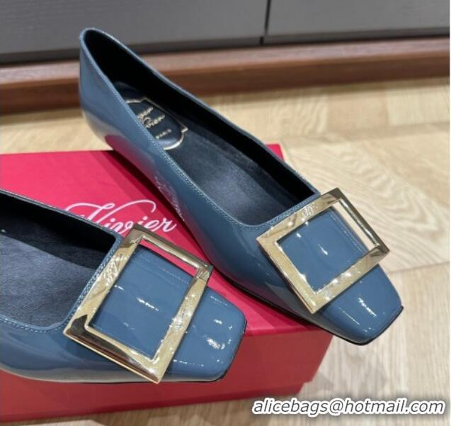 Traditional Discount Roger Vivier Trompette Metal Buckle Ballerinas in Patent Leather Denim Blue 725027