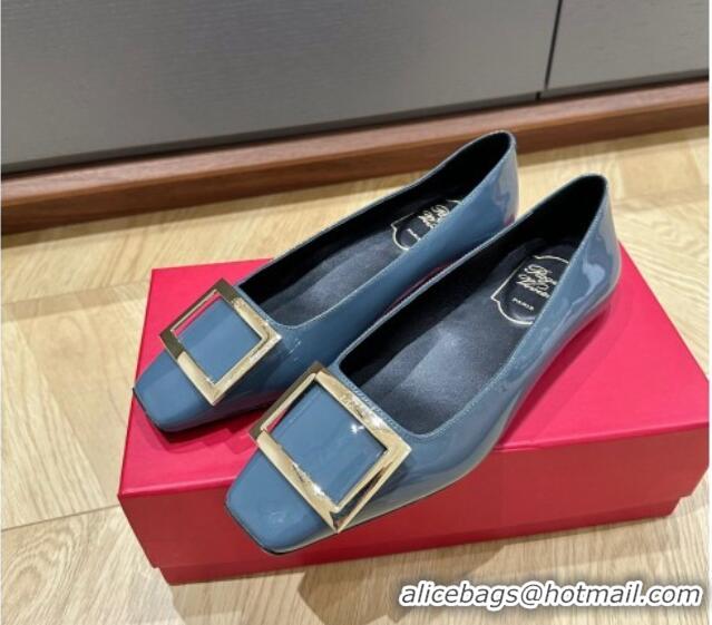 Traditional Discount Roger Vivier Trompette Metal Buckle Ballerinas in Patent Leather Denim Blue 725027