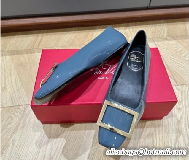 Traditional Discount Roger Vivier Trompette Metal Buckle Ballerinas in Patent Leather Denim Blue 725027